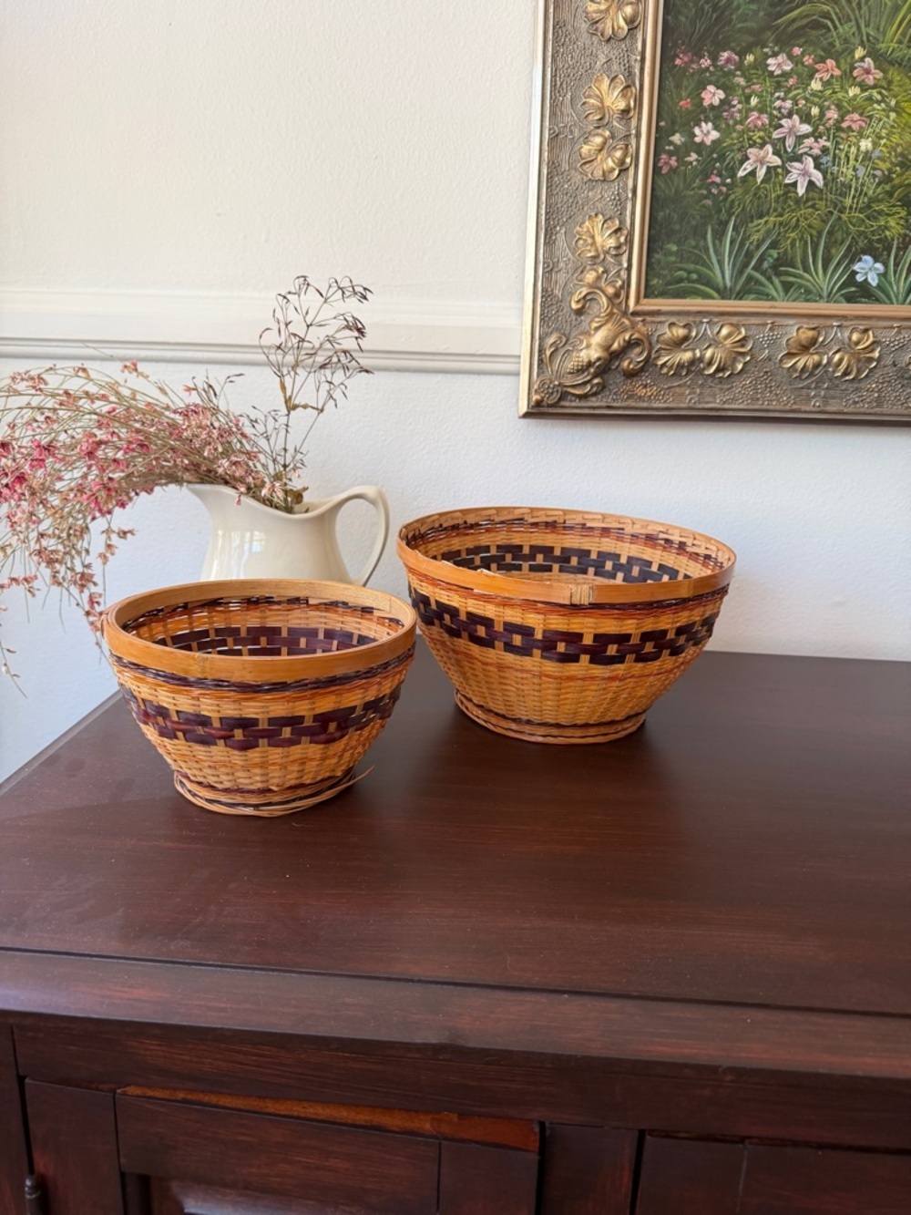 Vintage Handwoven Natural and Dark Brown Wicker Decorative Basket Set